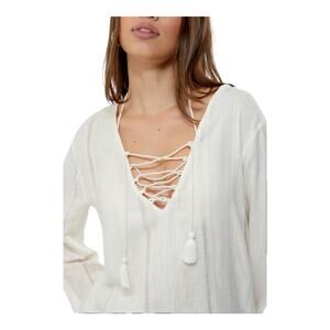 Billa Bong‎ Blue Skies Beach Cover Up Dress White Hooded Long Sleeve Sz Medium